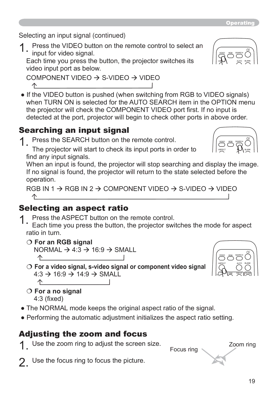 Hitachi ED-X12 user manual Searching an input signal, Selecting an aspect ratio, Adjusting the zoom and focus 