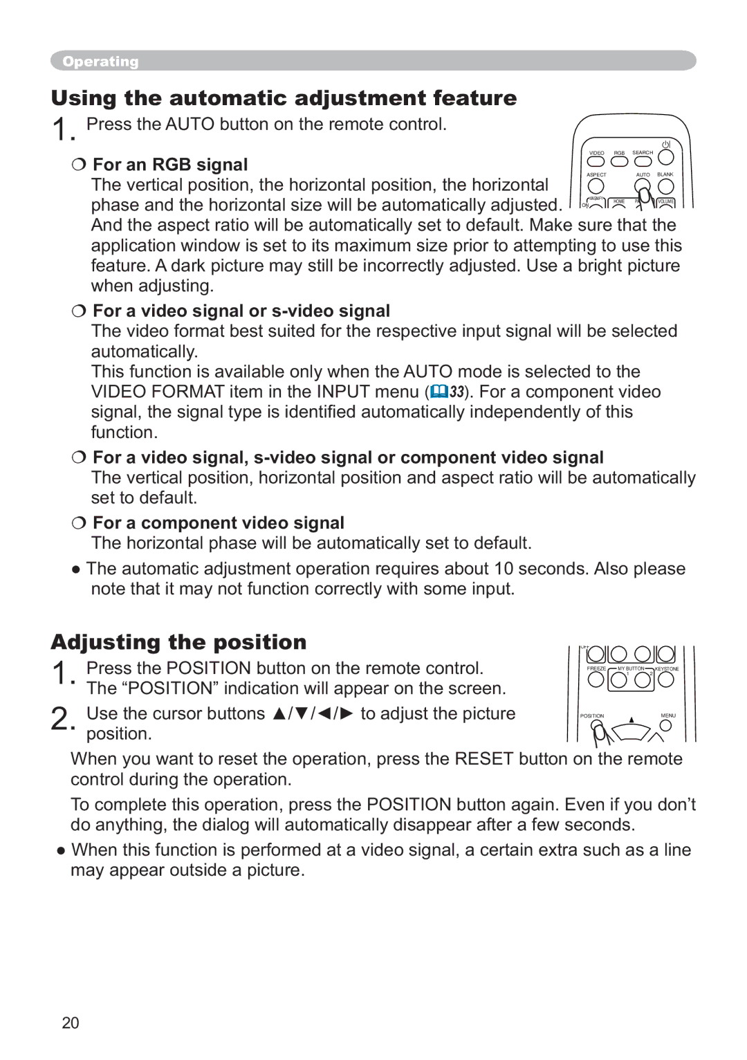 Hitachi ED-X12 Using the automatic adjustment feature, Adjusting the position, € For a video signal or s-video signal 