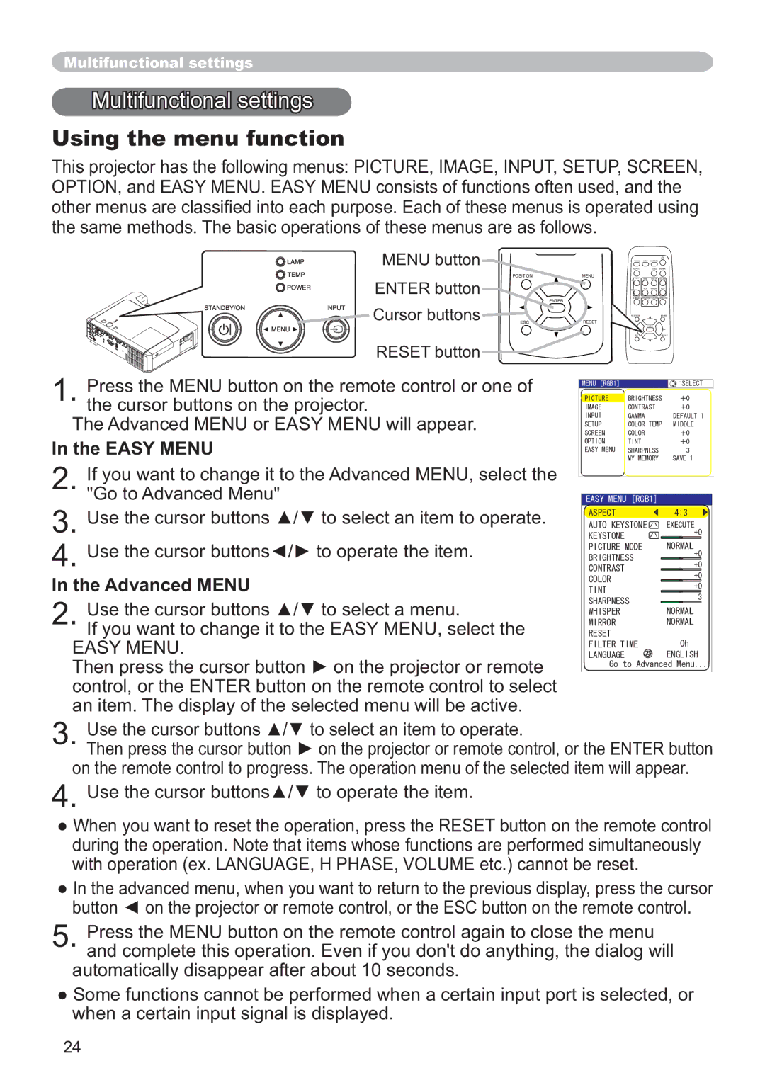 Hitachi ED-X12 user manual Multifunctional settings, Using the menu function, Easy Menu, Advanced Menu 