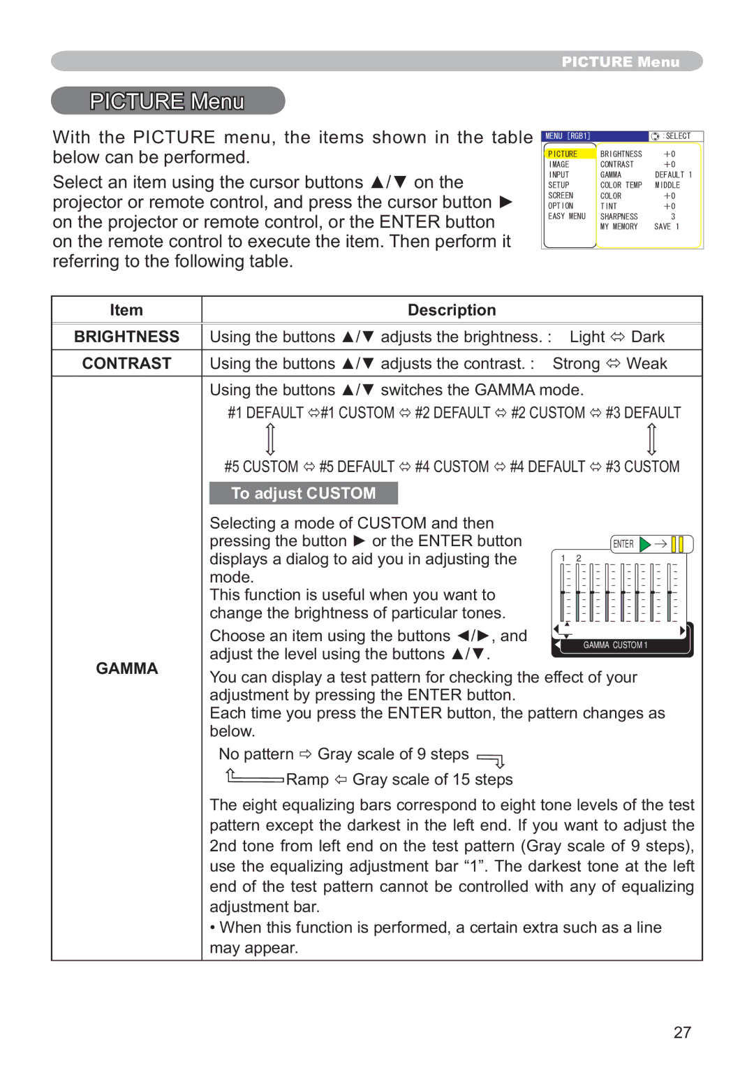 Hitachi ED-X12 Picture Menu, 8VLQJWKHEXWWRQVŸźVZLWFKHVWKH*$00$PRGH, Selecting a mode of Custom and then, Gamma 