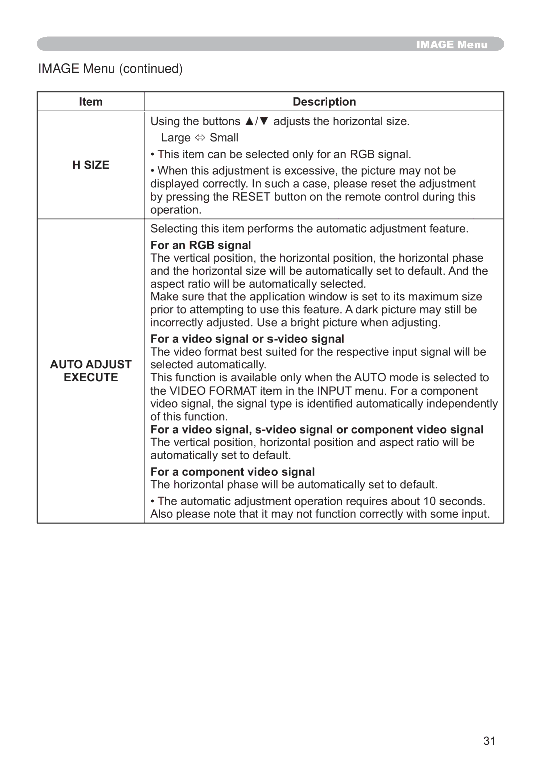 Hitachi ED-X12 Image Menu, Size, For a video signal or s-video signal, Auto Adjust, For a component video signal 