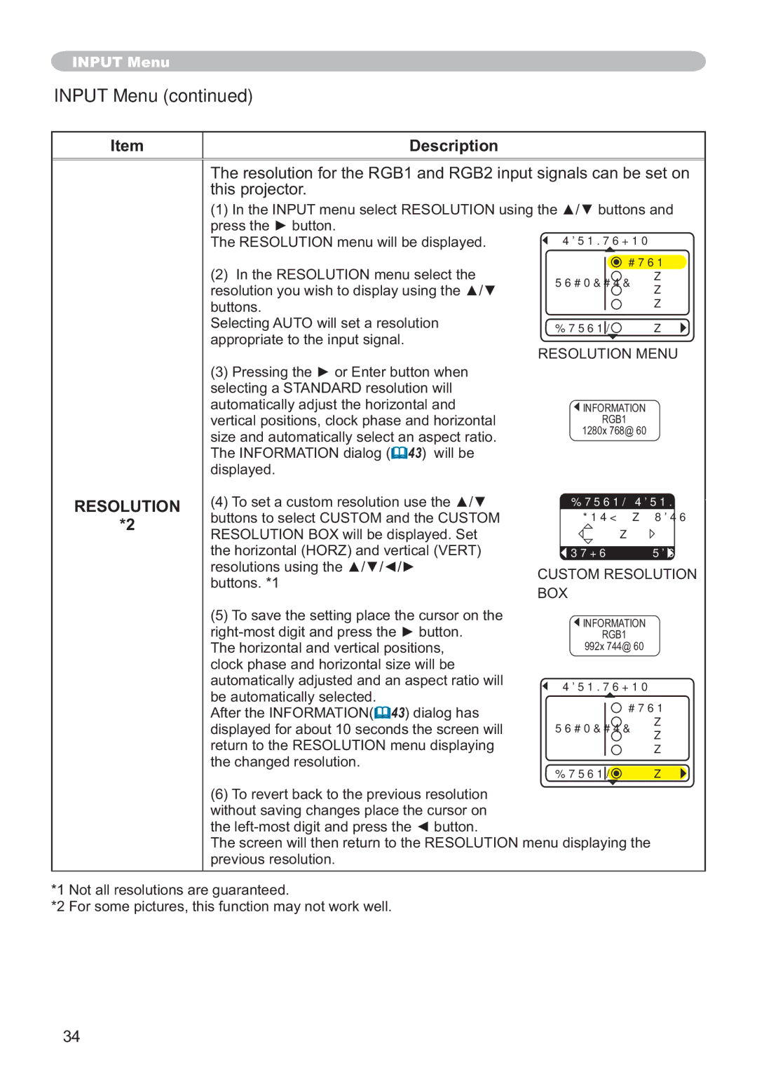 Hitachi ED-X12 user manual Resolution 