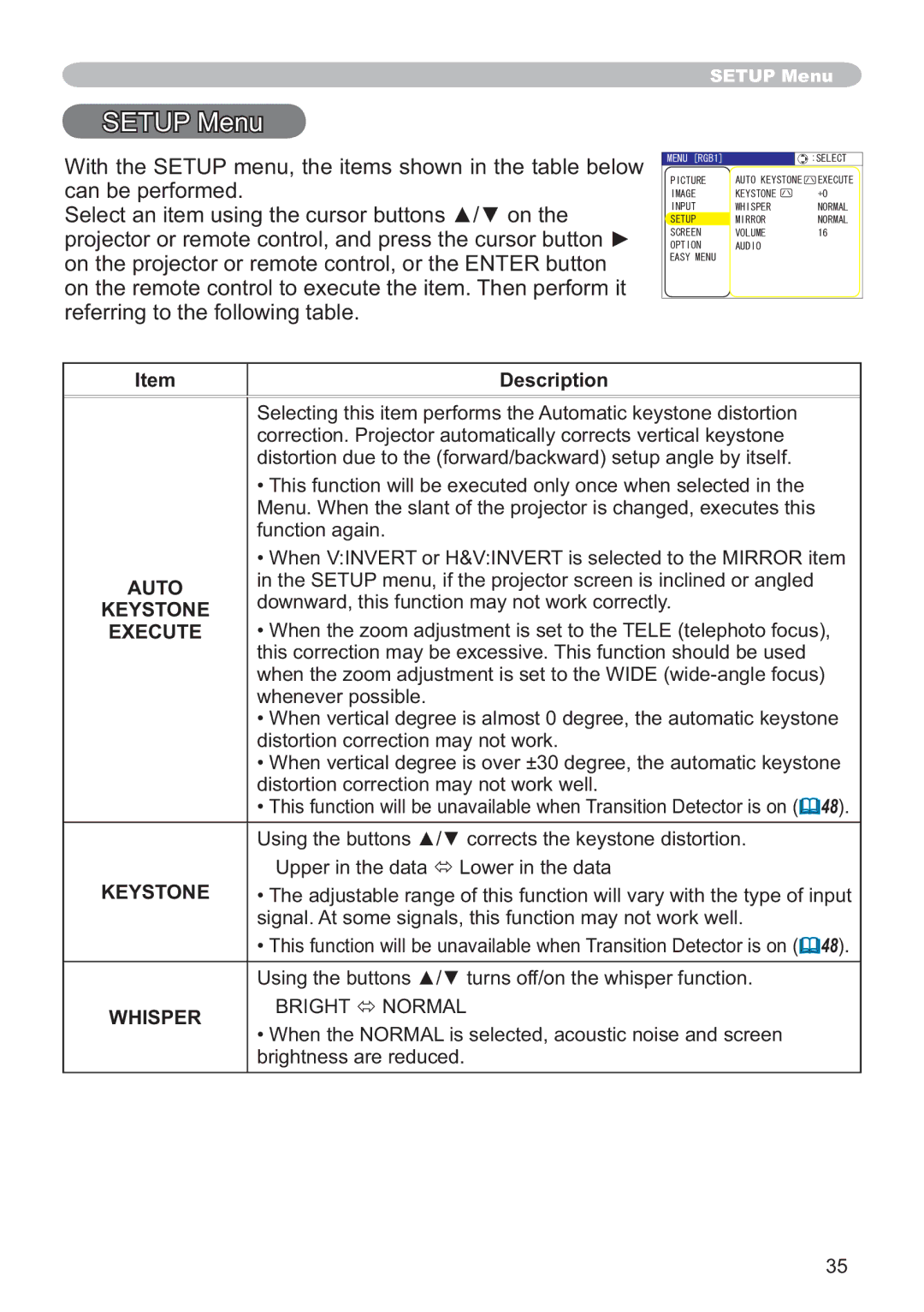 Hitachi ED-X12 user manual Setup Menu, Function again, Downward, this function may not work correctly, Bright Ù Normal 