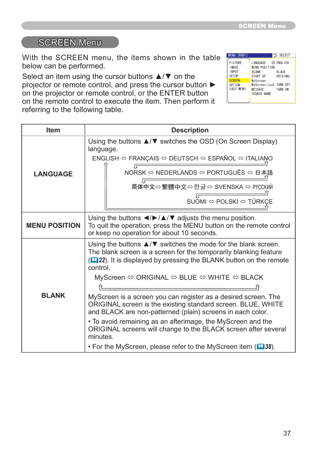 Hitachi ED-X12 user manual Screen Menu, Menu Position, Blank 