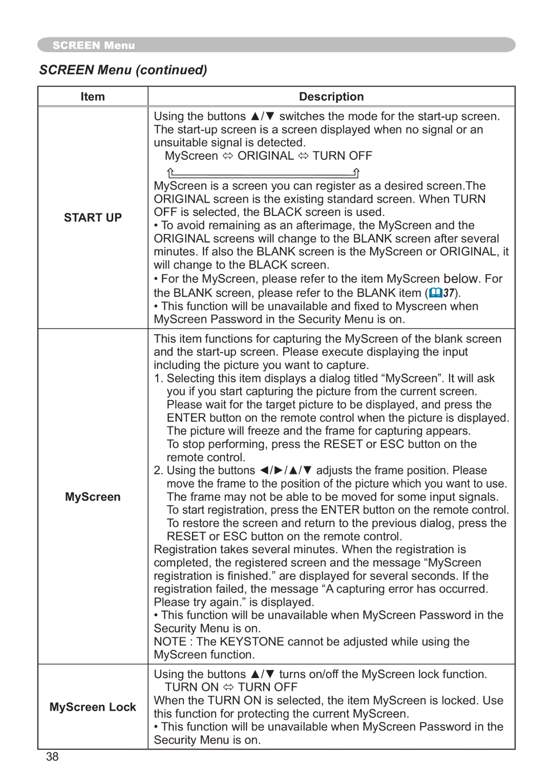 Hitachi ED-X12 user manual Screen Menu, Start UP, MyScreen Lock 