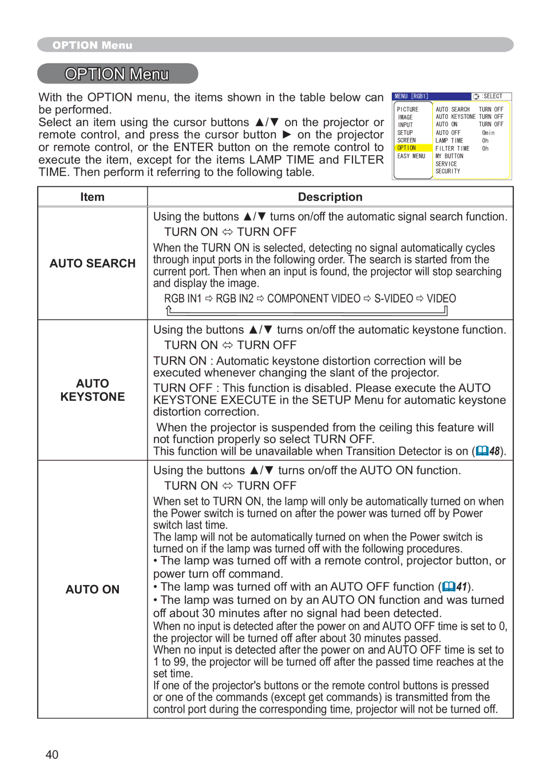 Hitachi ED-X12 user manual Option Menu, Auto Search, Auto on 