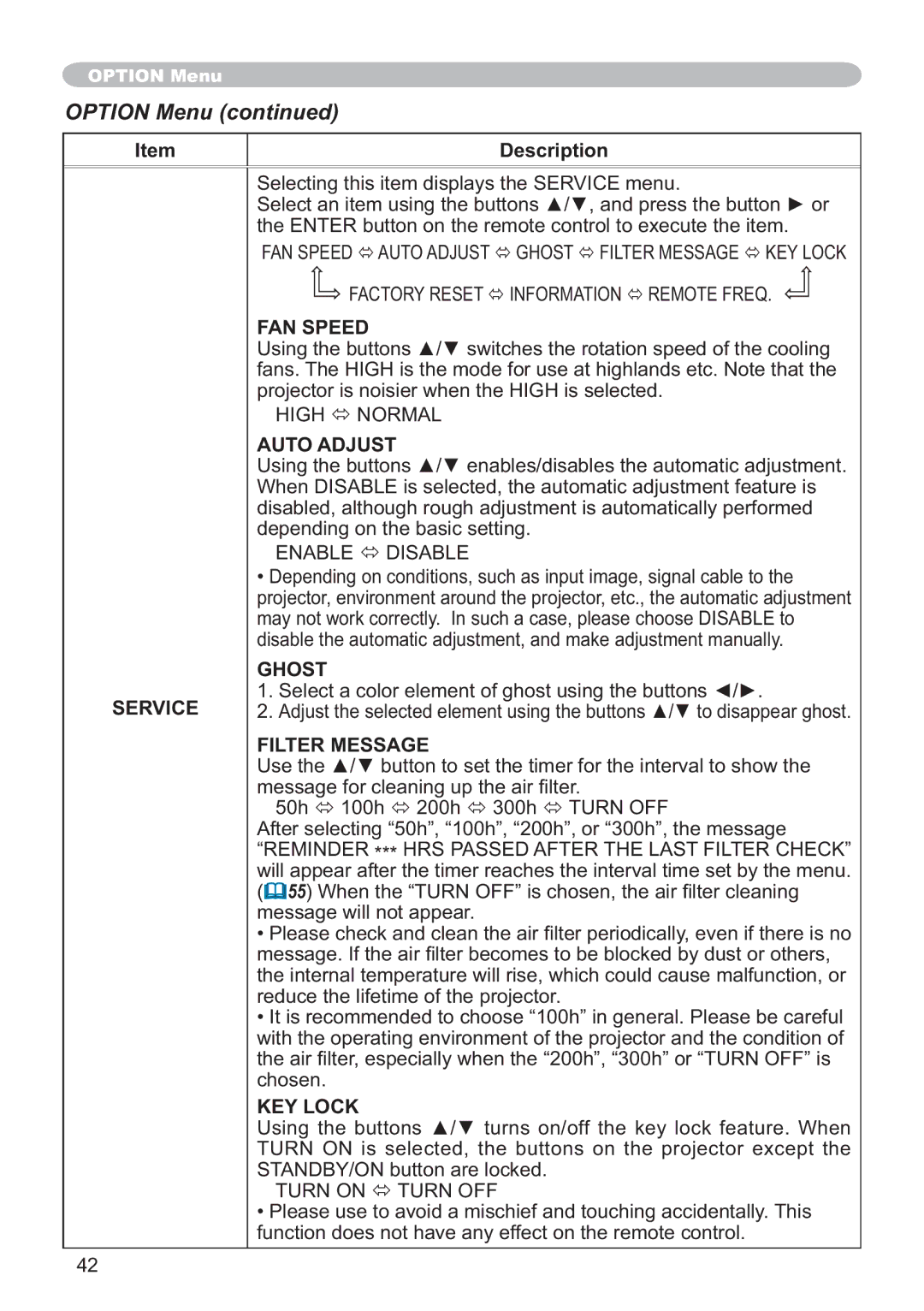 Hitachi ED-X12 user manual Service, Factory Reset Ù Information Ù Remote Freq, High Ù Normal, Enable Ù Disable, Chosen 