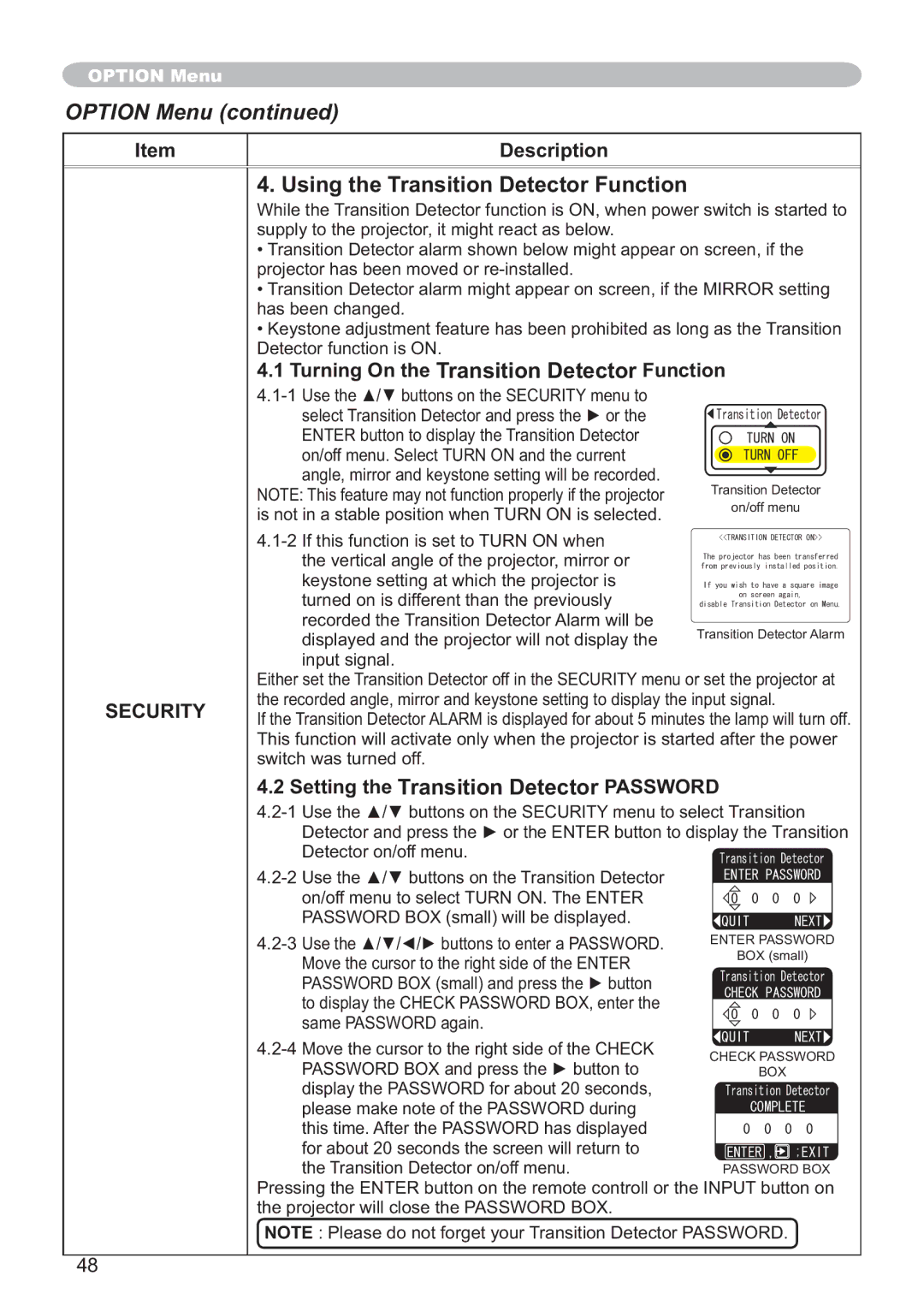 Hitachi ED-X12 user manual Using the Transition Detector Function, Turning On the Transition Detector Function 