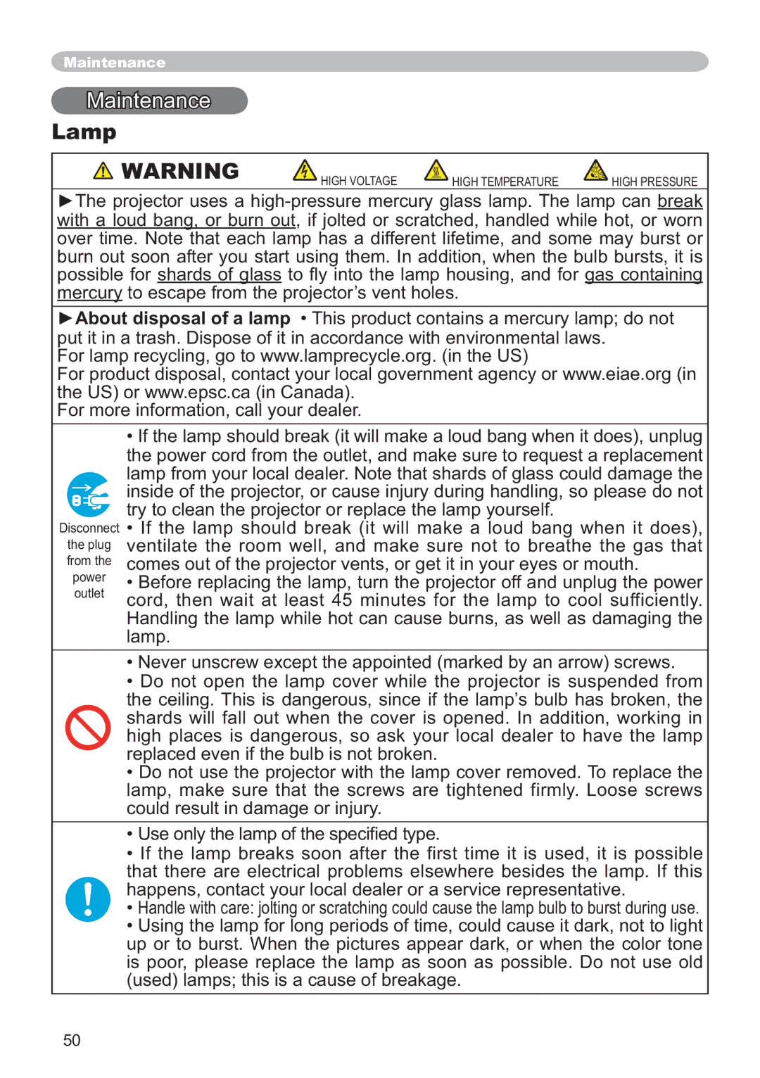 Hitachi ED-X12 user manual Maintenance, Lamp 