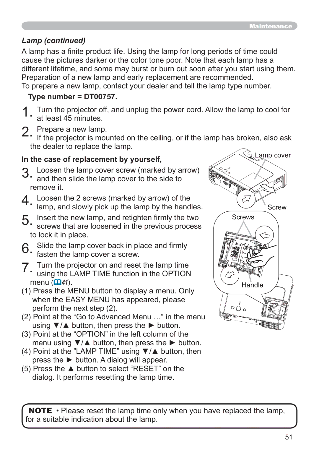 Hitachi ED-X12 user manual Lamp, Type number = DT00757, Case of replacement by yourself, To lock it in place 