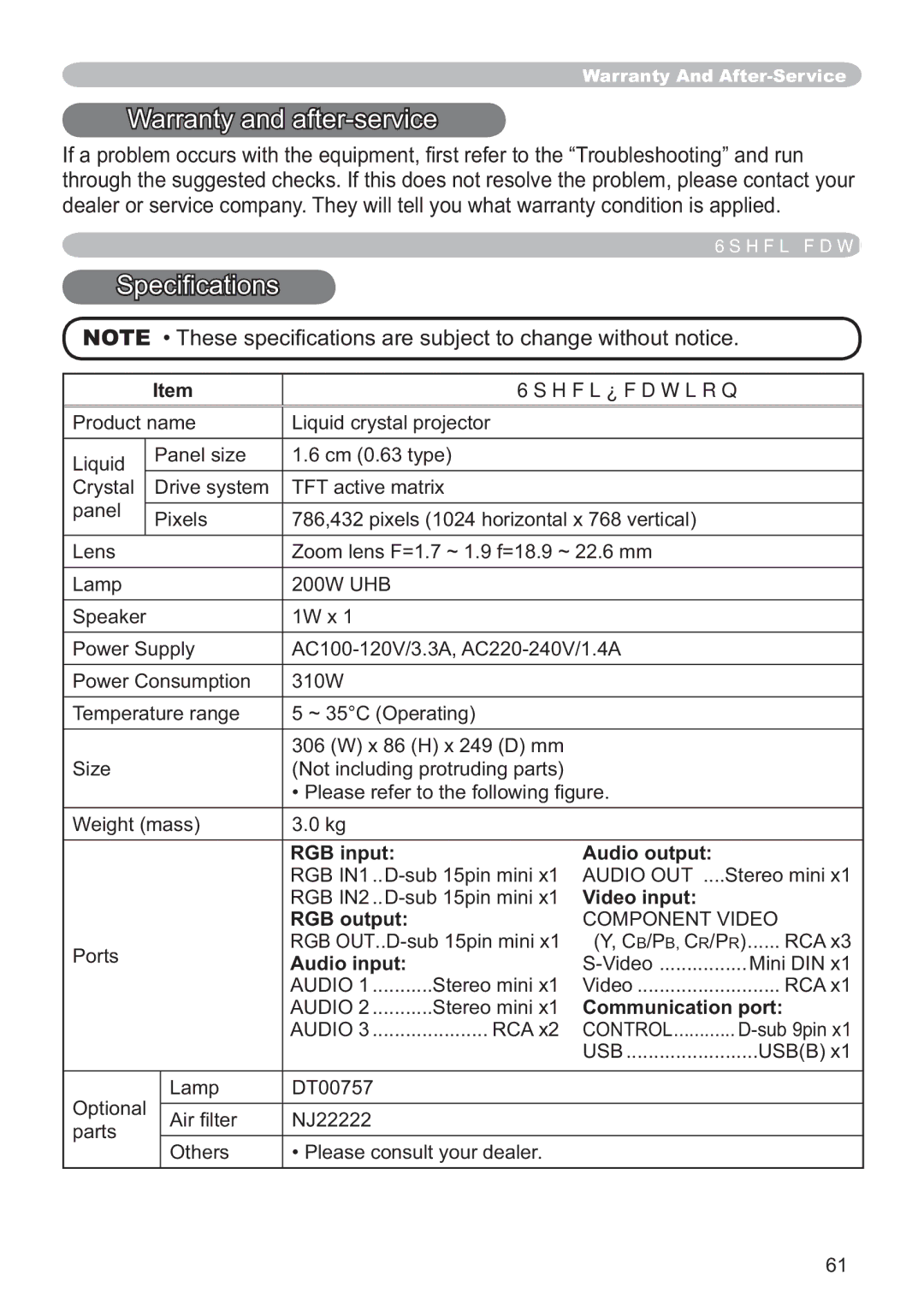 Hitachi ED-X12 user manual Warranty and after-service, 6SHFL¿FDWLRQ 