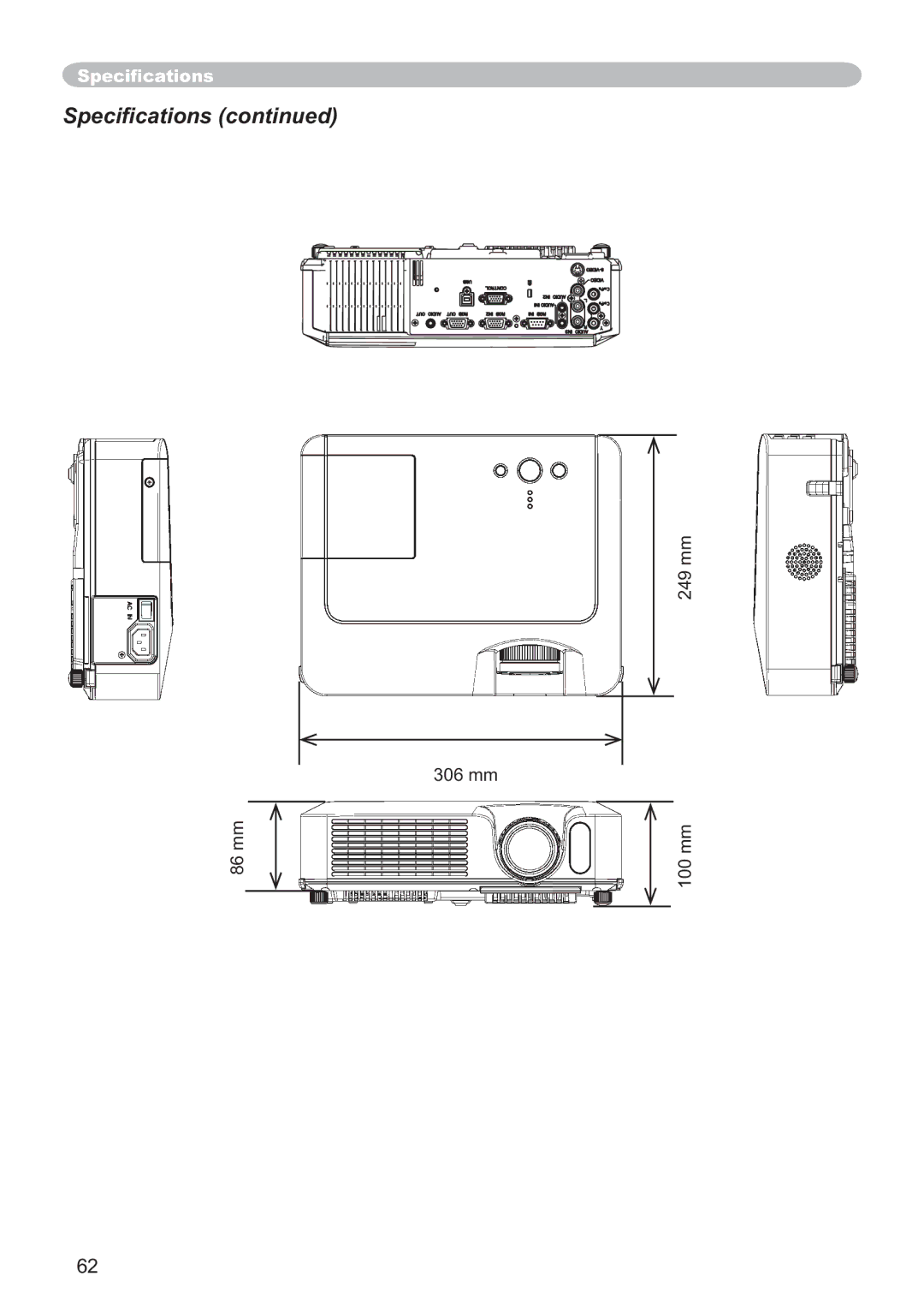 Hitachi ED-X12 user manual 249 mm 306 mm 86 mm 100 mm 