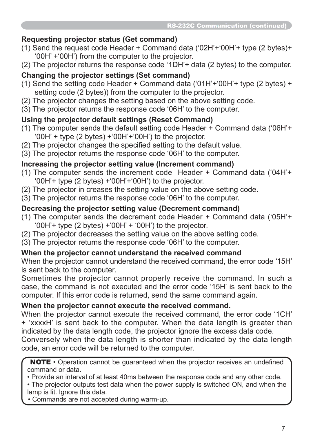 Hitachi ED-X12 user manual Requesting projector status Get command, Changing the projector settings Set command 