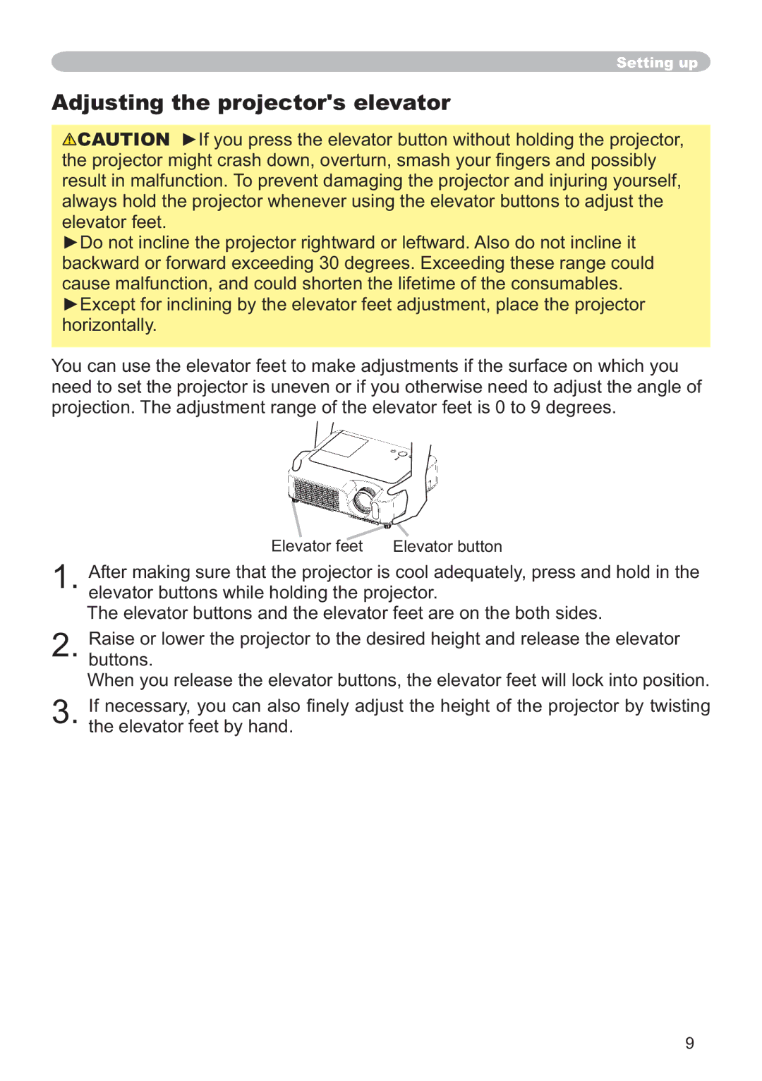 Hitachi ED-X12 user manual Adjusting the projectors elevator, Elevator feet Elevator button 