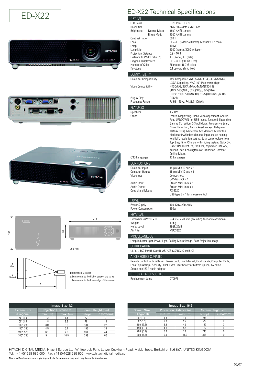 Hitachi manual ED-X22Technical Specifications 