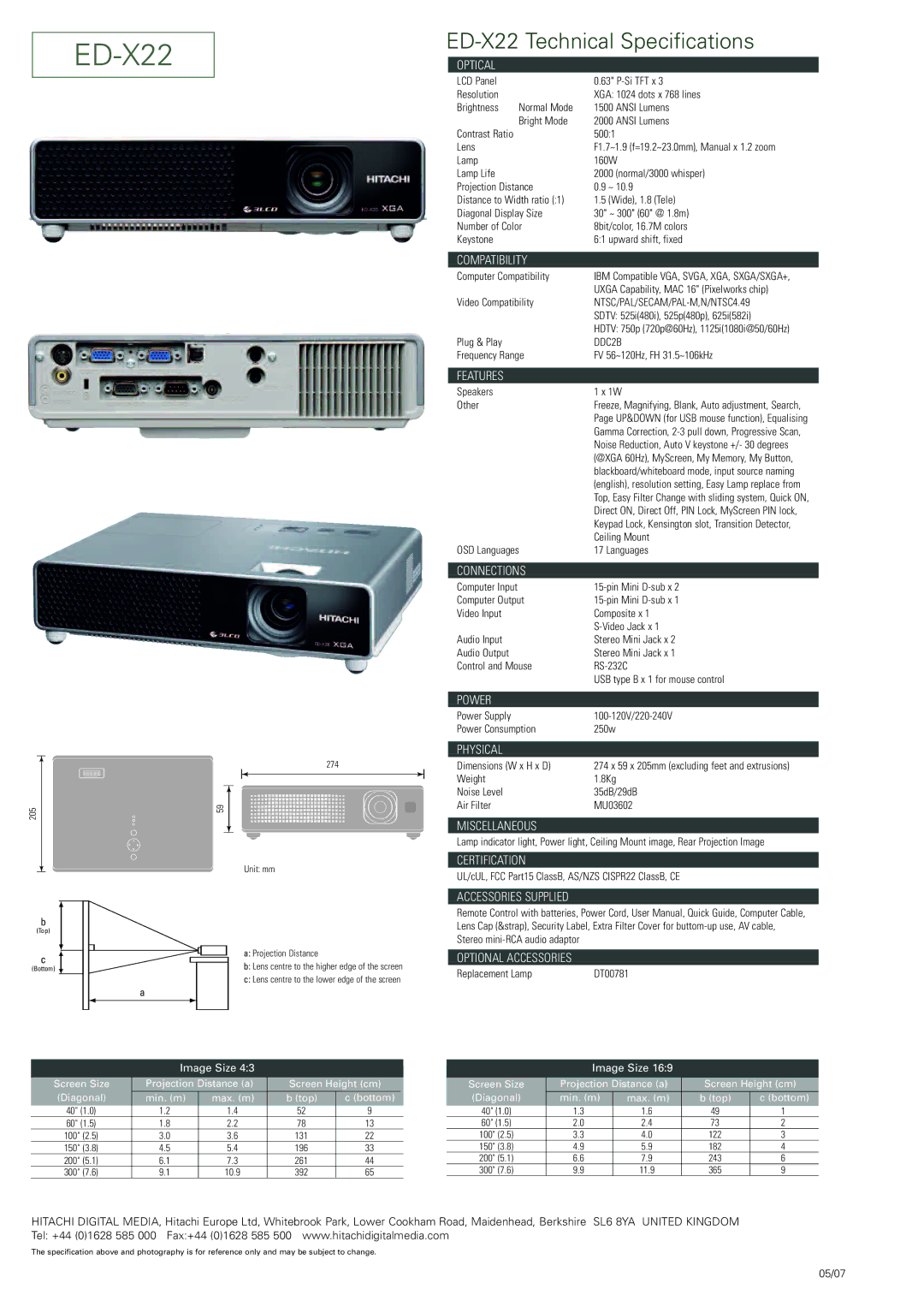 Hitachi ED-X22 manual Optical, Compatibility, Features, Connections, Power, Physical, Miscellaneous, Certification 