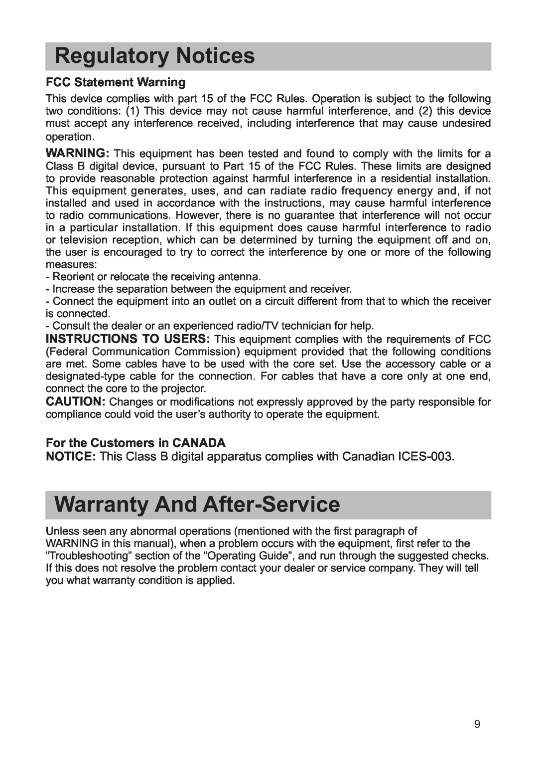 Hitachi ED-X32 Regulatory Notices, Warranty And After-Service, FCC Statement Warning, For the Customers in CANADA 