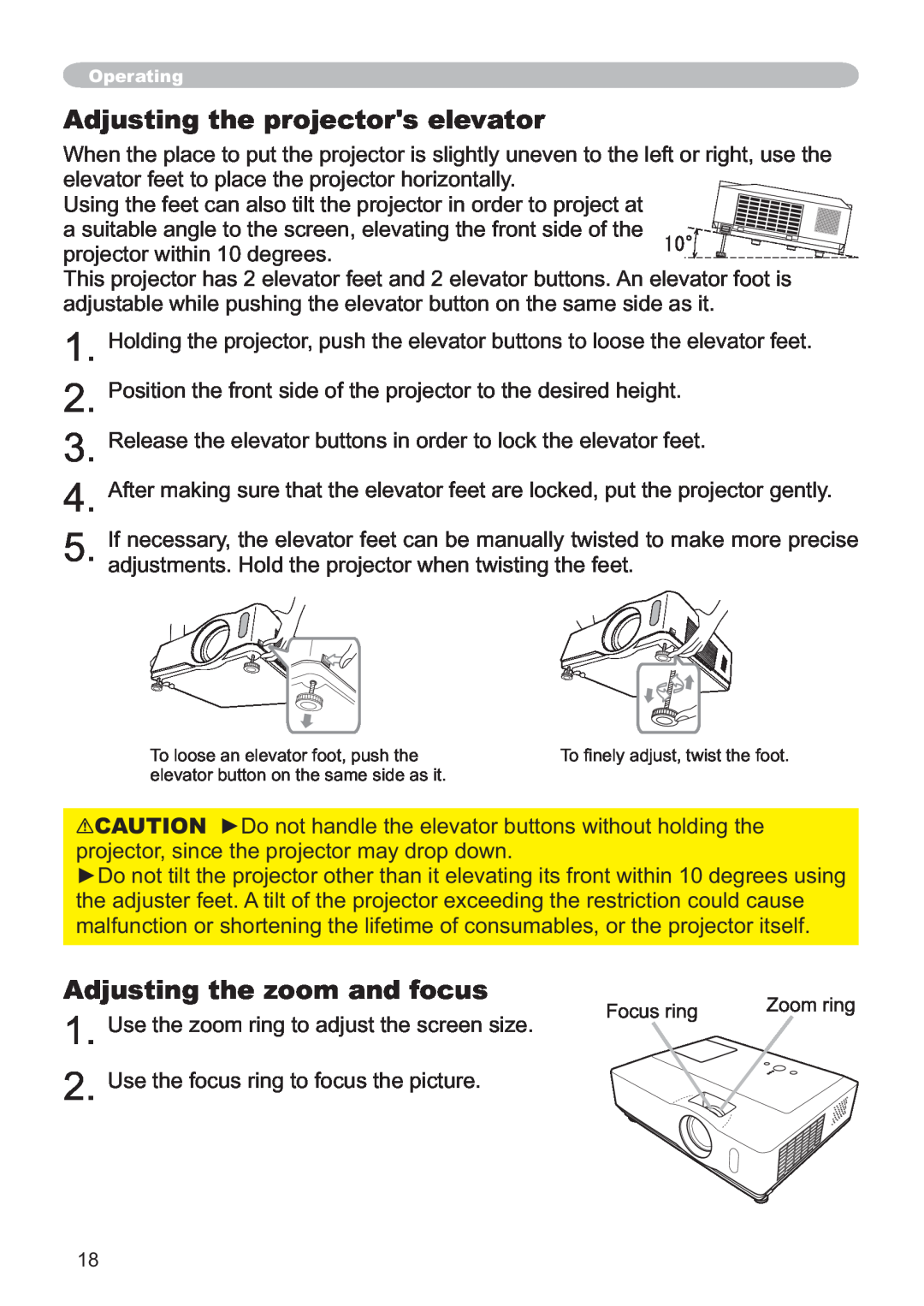 Hitachi ED-X32 user manual Adjusting the projectors elevator, Adjusting the zoom and focus, Operating 