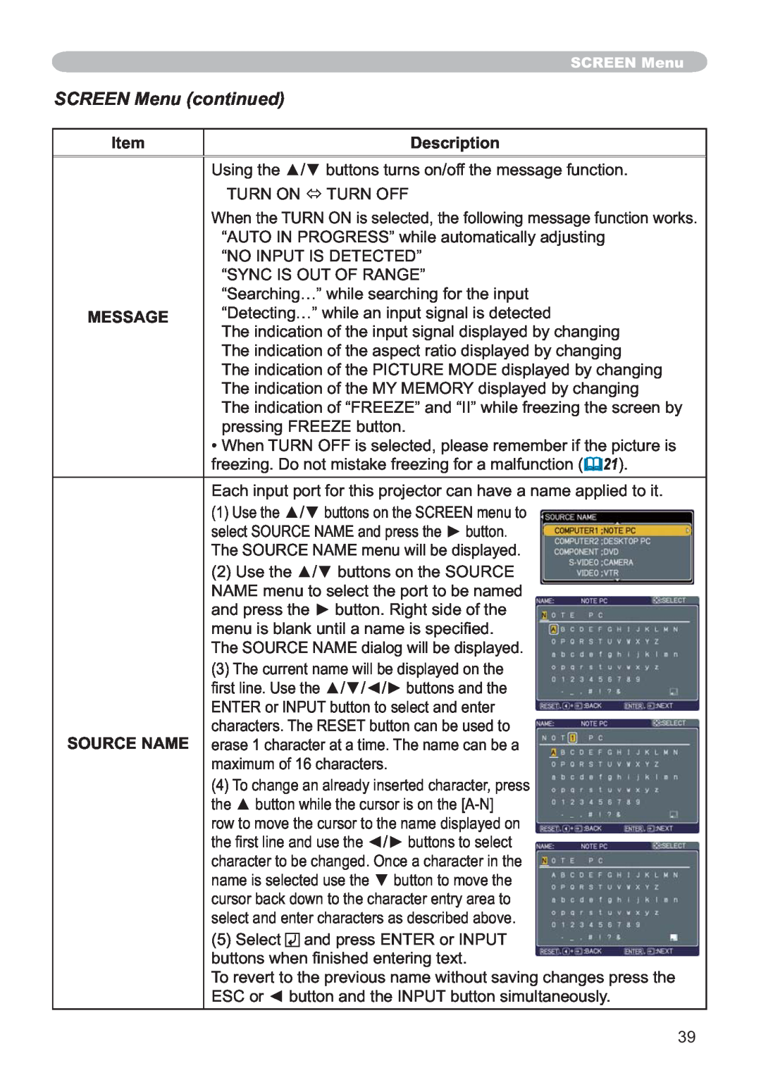 Hitachi ED-X32 user manual Message, Source Name, SCREEN Menu continued, Description 