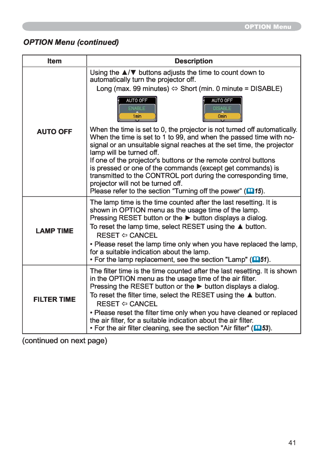 Hitachi ED-X32 user manual OPTION Menu continued, Auto Off, Lamp Time, Filter Time, FrqwlqxhgRqQhwSdjh, Description 