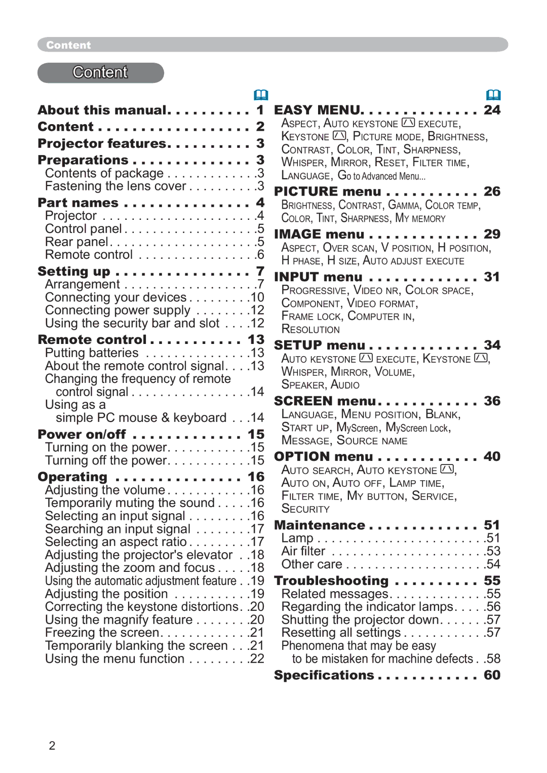 Hitachi ED-X32 user manual Easy Menu 