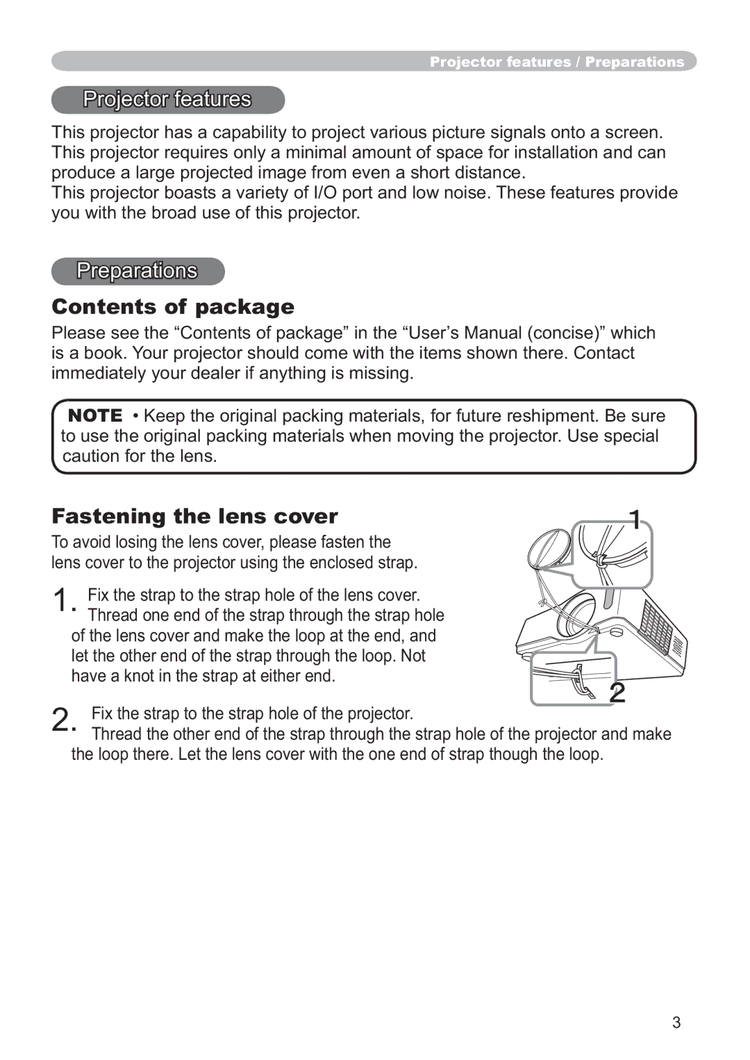 Hitachi ED-X32 user manual Contents of package, Fastening the lens cover 