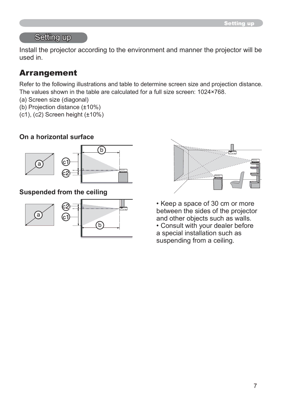 Hitachi ED-X32 user manual Arrangement, On a horizontal surface Suspended from the ceiling, FF6FUHHQKHLJKW“ 