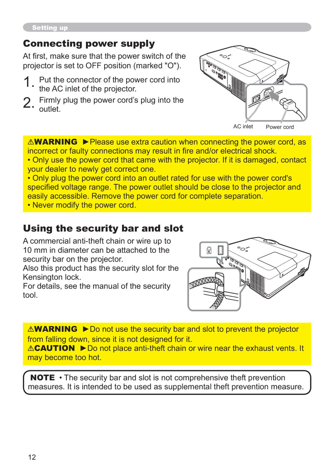 Hitachi ED-X32 user manual Connecting power supply, Using the security bar and slot, ‡1HYHUPRGLI\WKHSRZHUFRUG 