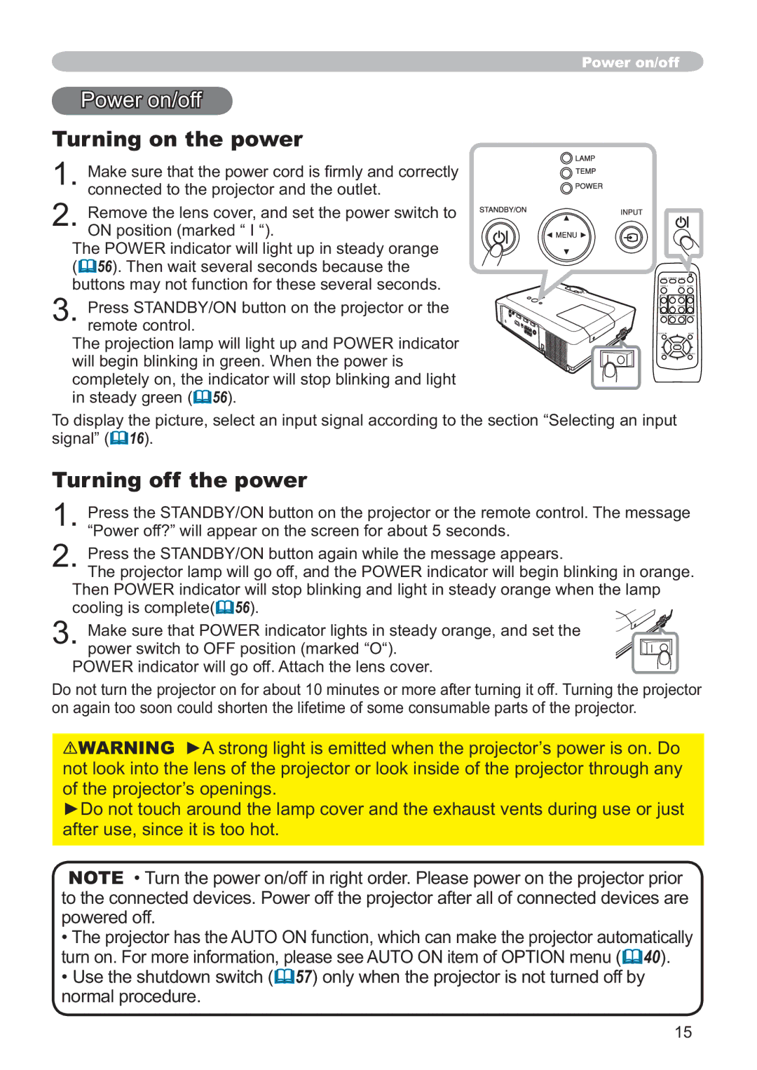 Hitachi ED-X32 user manual Turning on the power, Turning off the power 