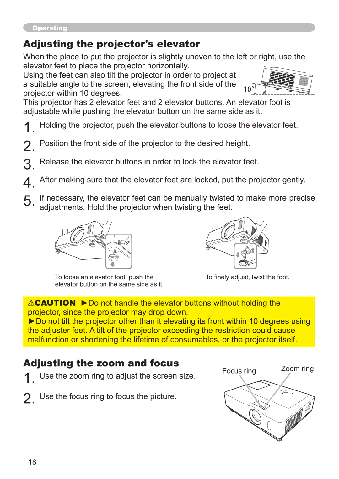 Hitachi ED-X32 user manual Adjusting the projectors elevator, Adjusting the zoom and focus, RfxvUlqj =RrpUlqj 