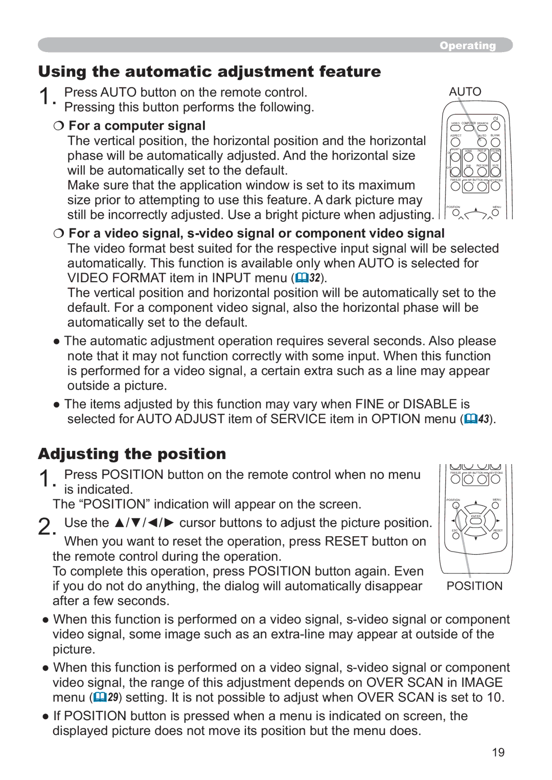 Hitachi ED-X32 user manual Using the automatic adjustment feature, Adjusting the position 