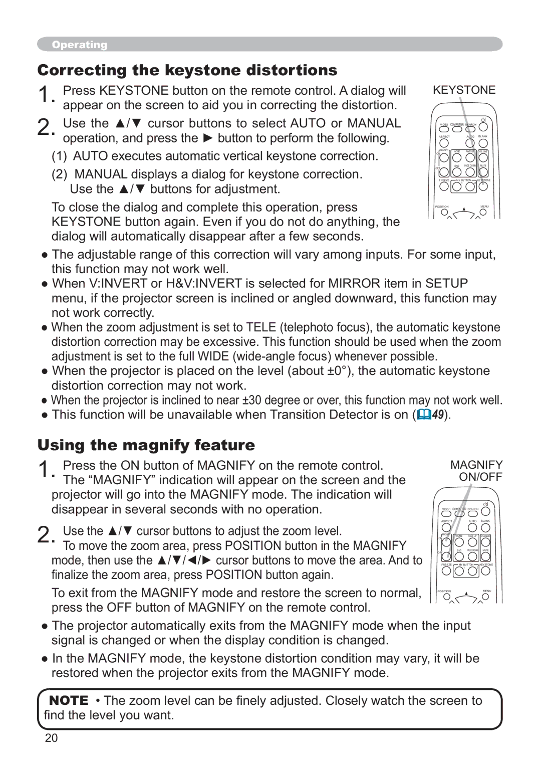 Hitachi ED-X32 Correcting the keystone distortions, Using the magnify feature, WklvIxqfwlrqPd\QrwZrunZhoo, $*1, 212 