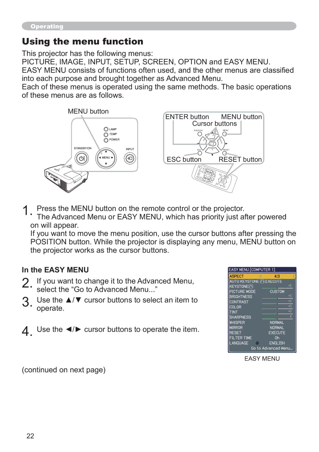 Hitachi ED-X32 user manual Using the menu function, Easy Menu 