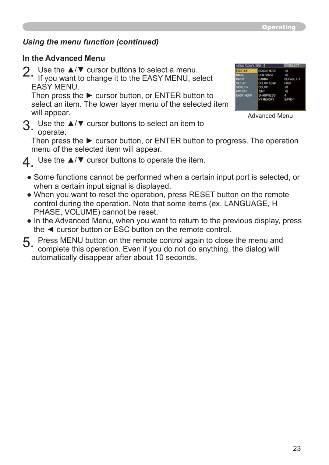 Hitachi ED-X32 user manual Using the menu function, Advanced Menu, ZlooDsshdu, ZkhqDFhuwdlqLqsxwVljqdoLvGlvsod\Hg 