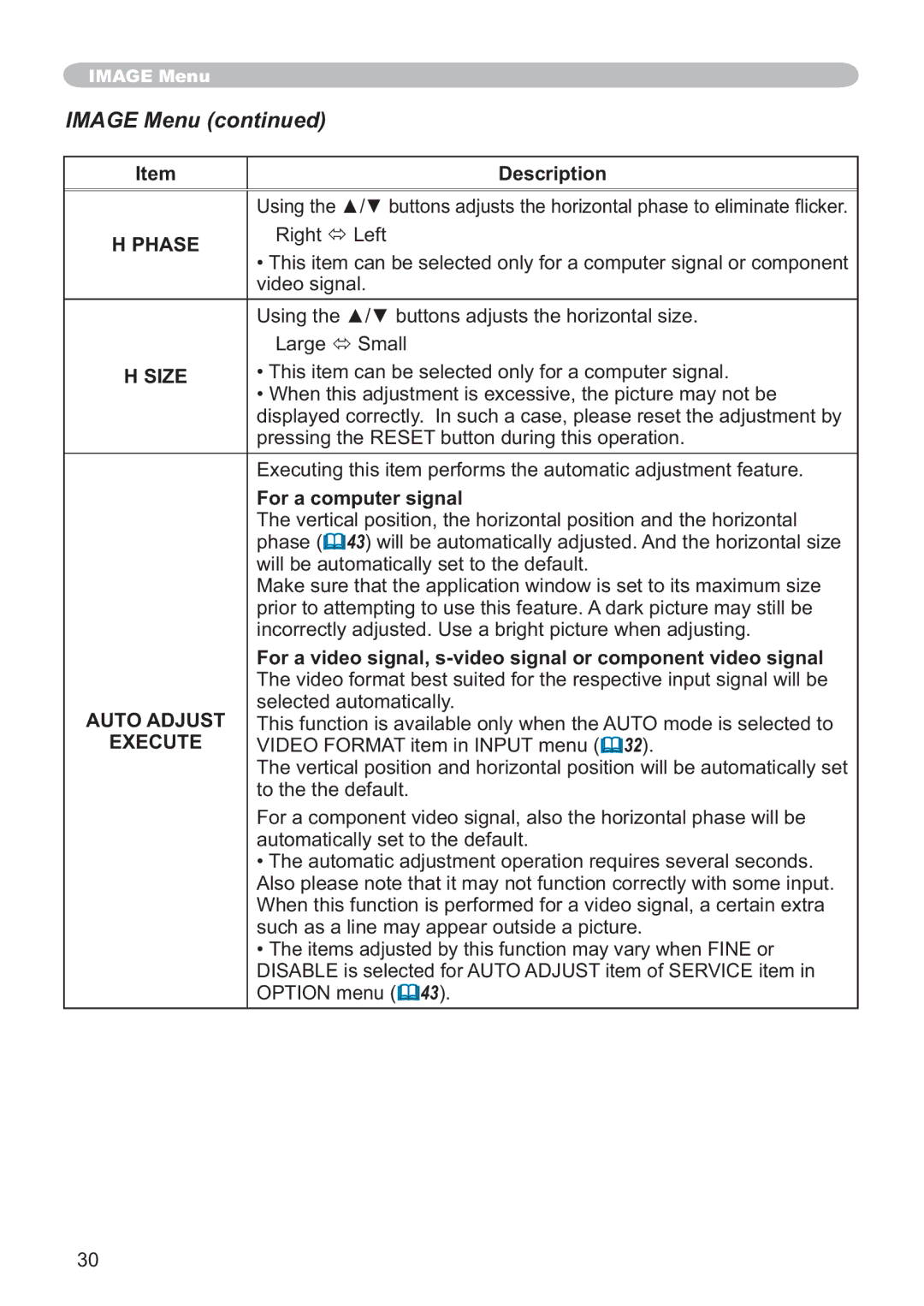 Hitachi ED-X32 user manual Image Menu 