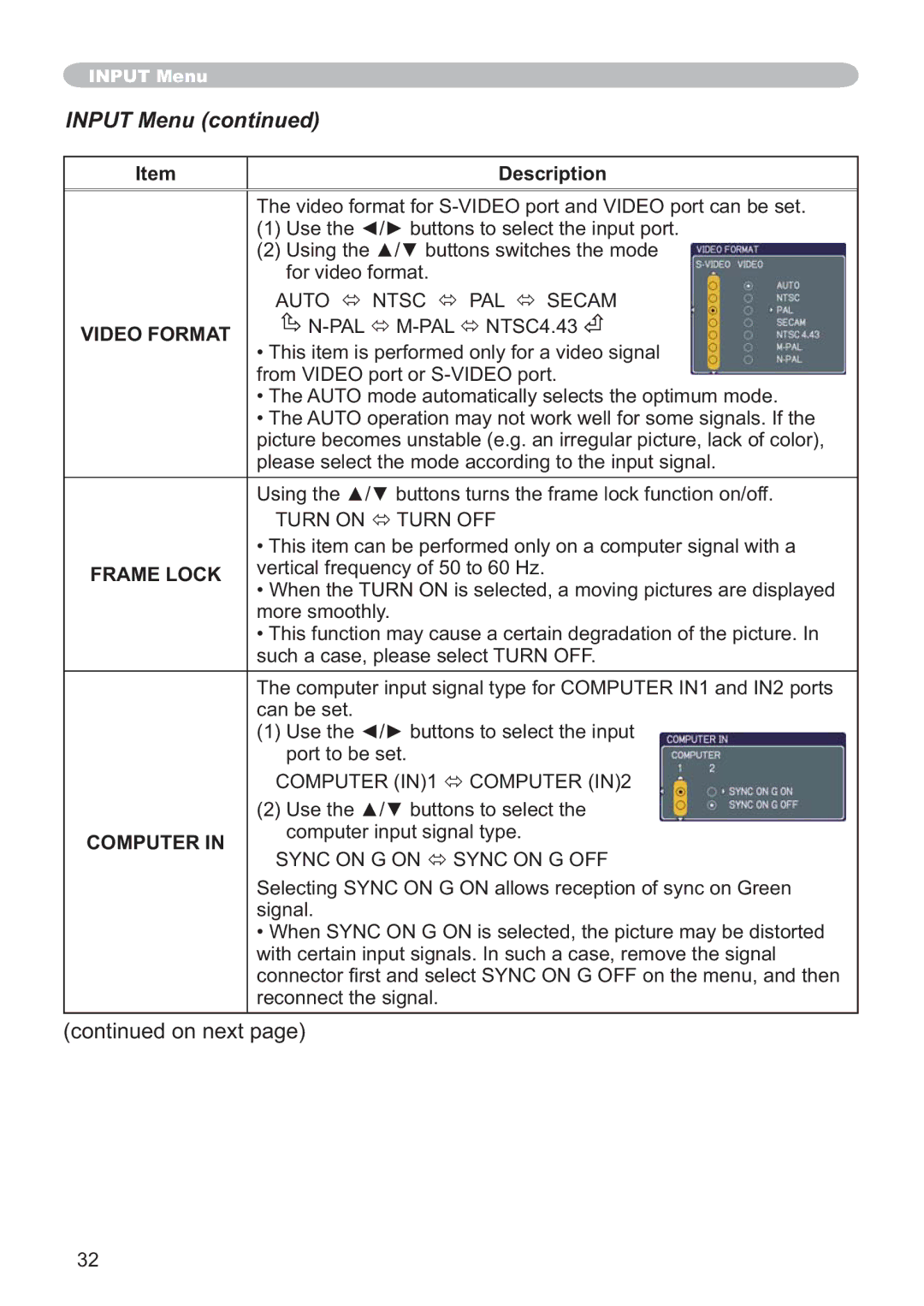 Hitachi ED-X32 user manual Input Menu, Video Format, 13$/Ù03$/Ù176&, Frame Lock, Computer 