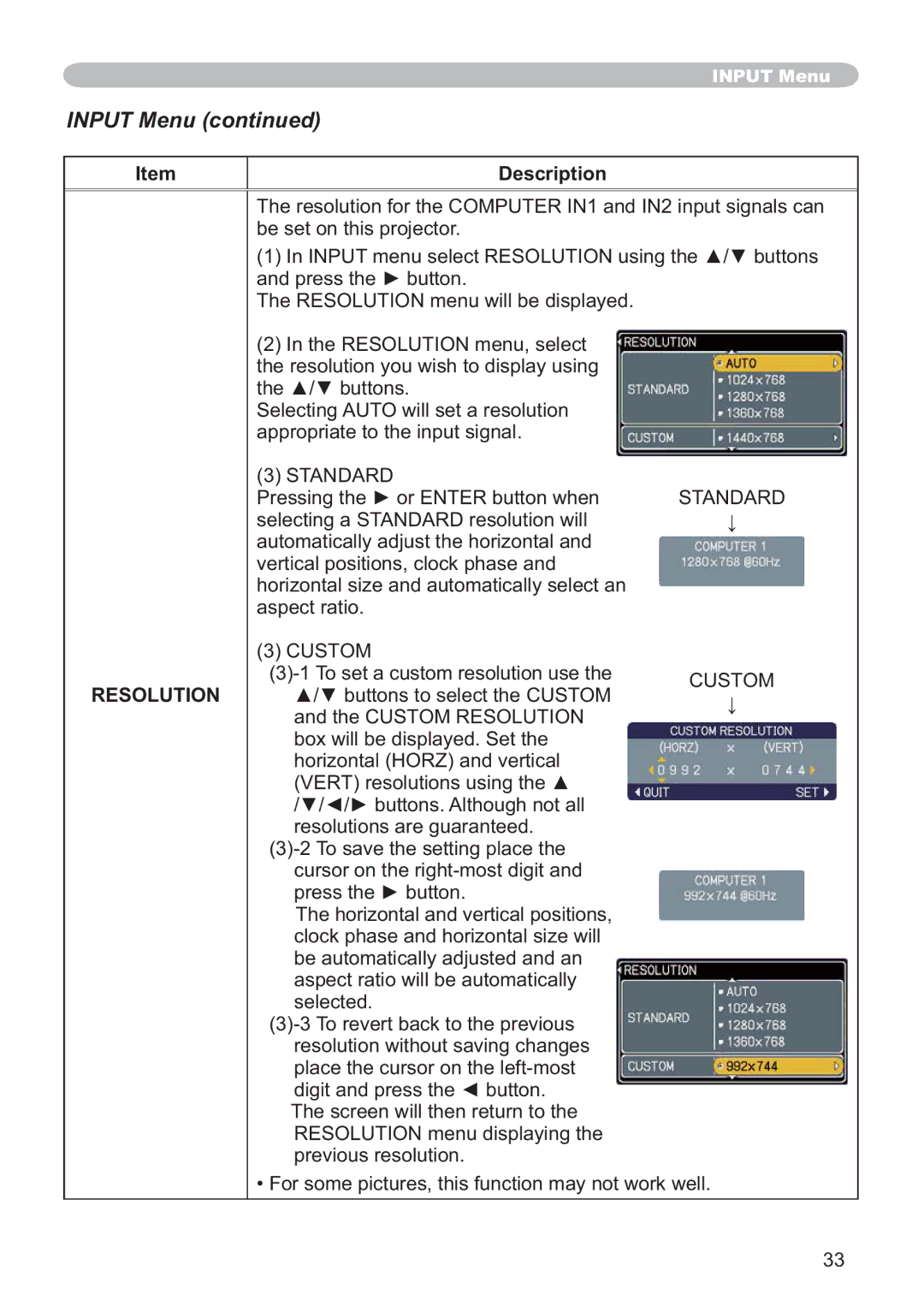 Hitachi ED-X32 user manual Resolution 