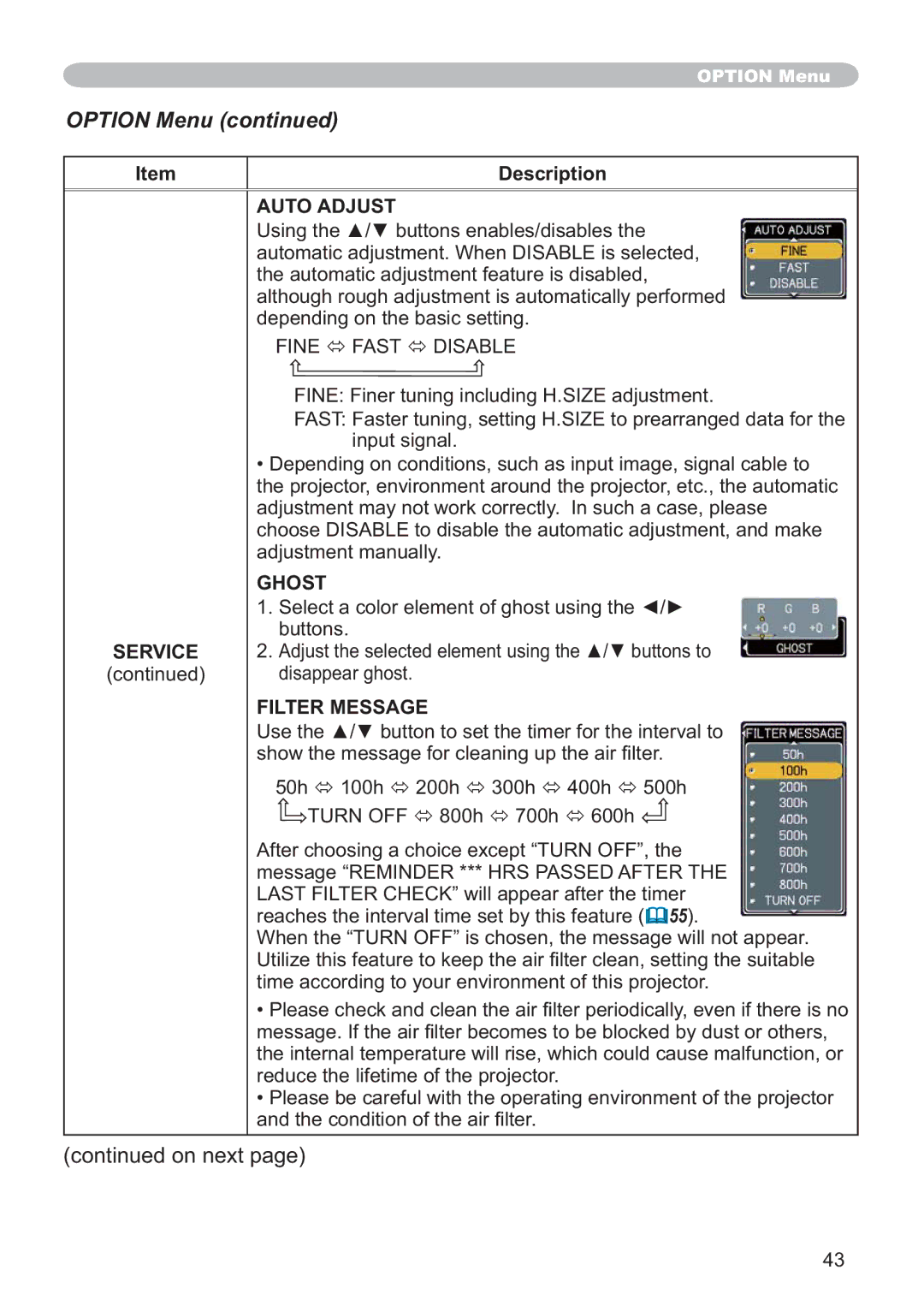 Hitachi ED-X32 user manual Auto Adjust, Ghost, Service, Filter Message 