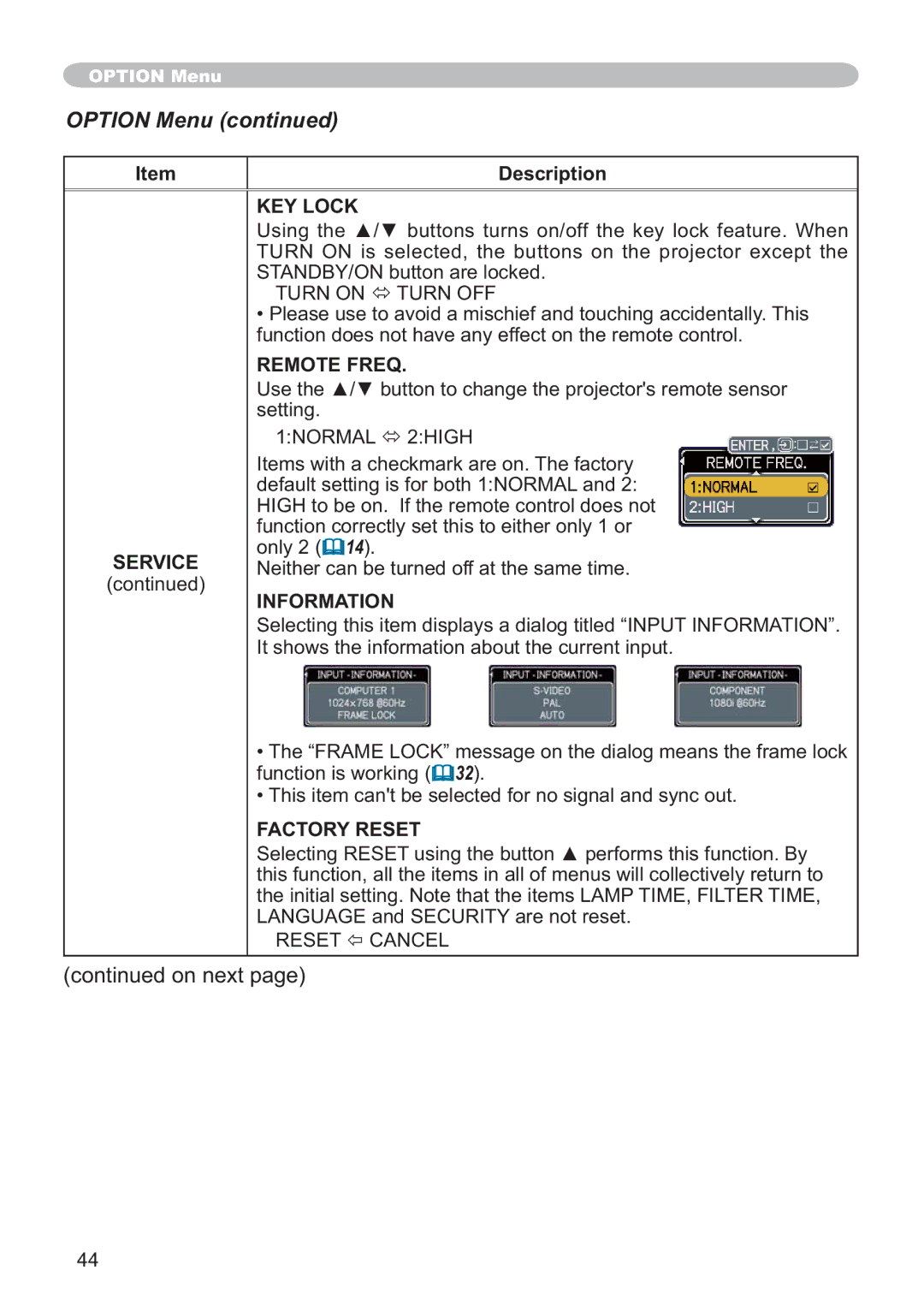 Hitachi ED-X32 user manual KEY Lock, Remote Freq, Vhwwlqj, 1250$/Ù+,*+, Factory Reset 