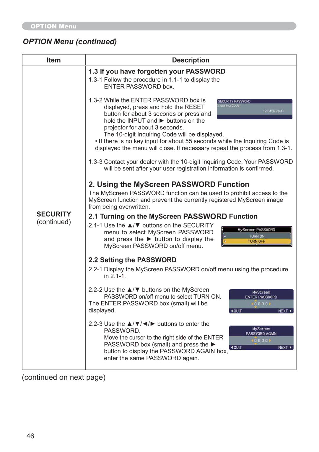 Hitachi ED-X32 user manual Using the MyScreen Password Function, If you have forgotten your Password, Setting the Password 