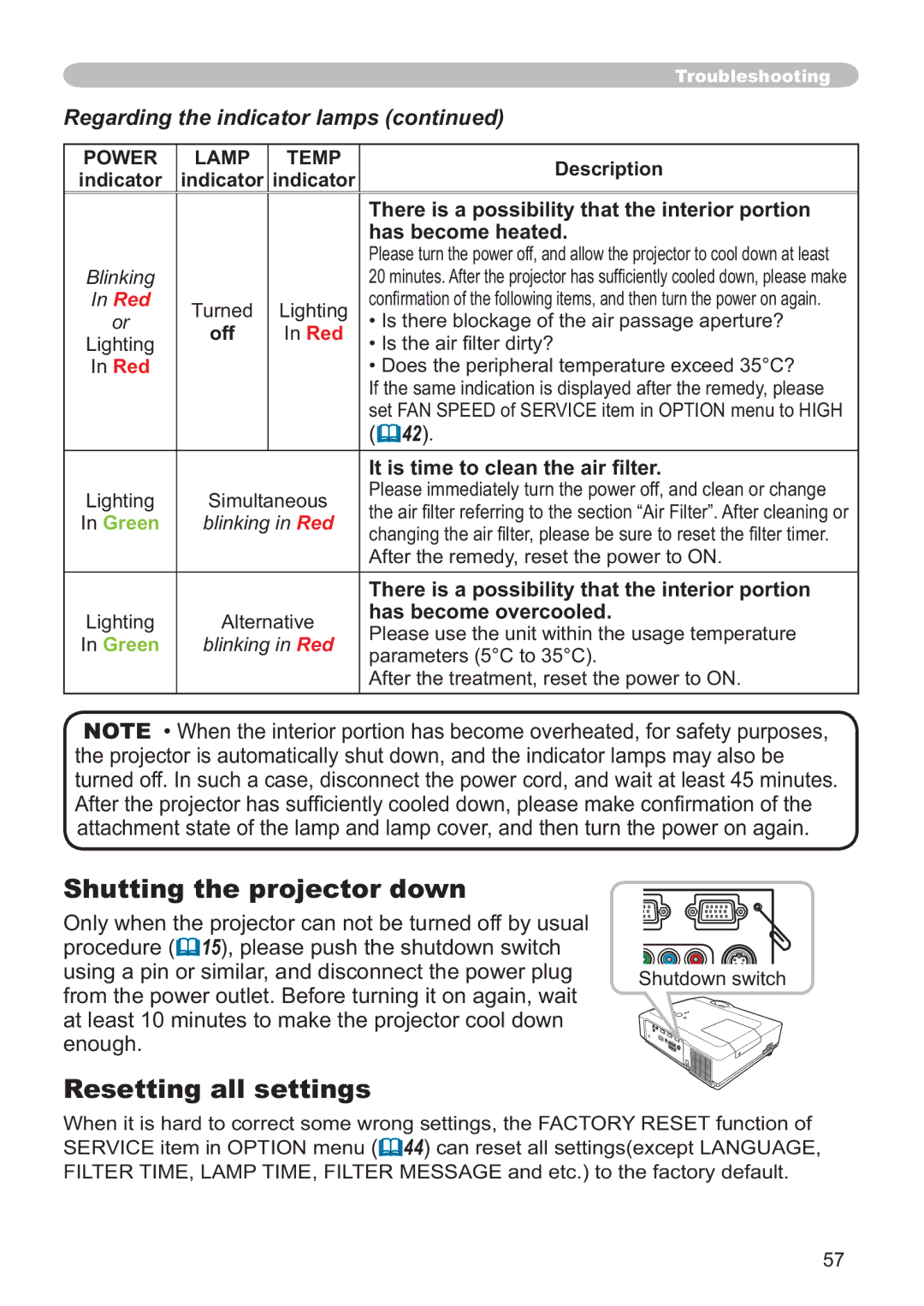 Hitachi ED-X32 user manual Shutting the projector down, Resetting all settings 