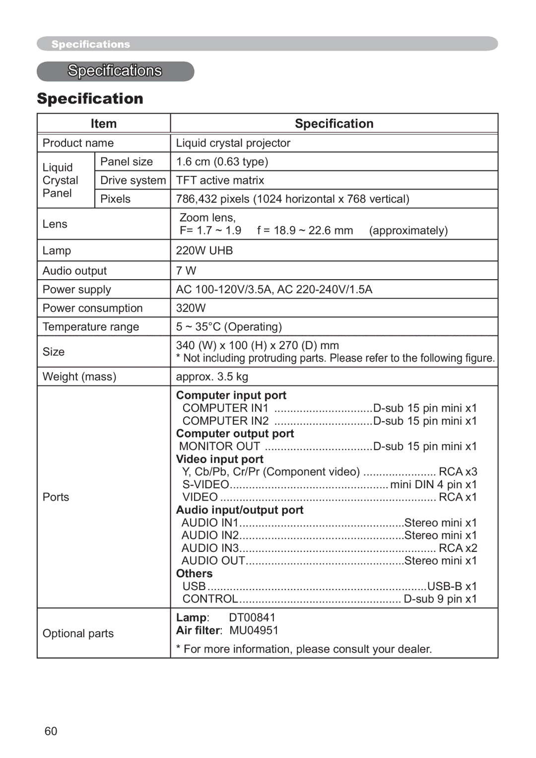 Hitachi ED-X32 user manual 6SHFL¿FDWLRQ 