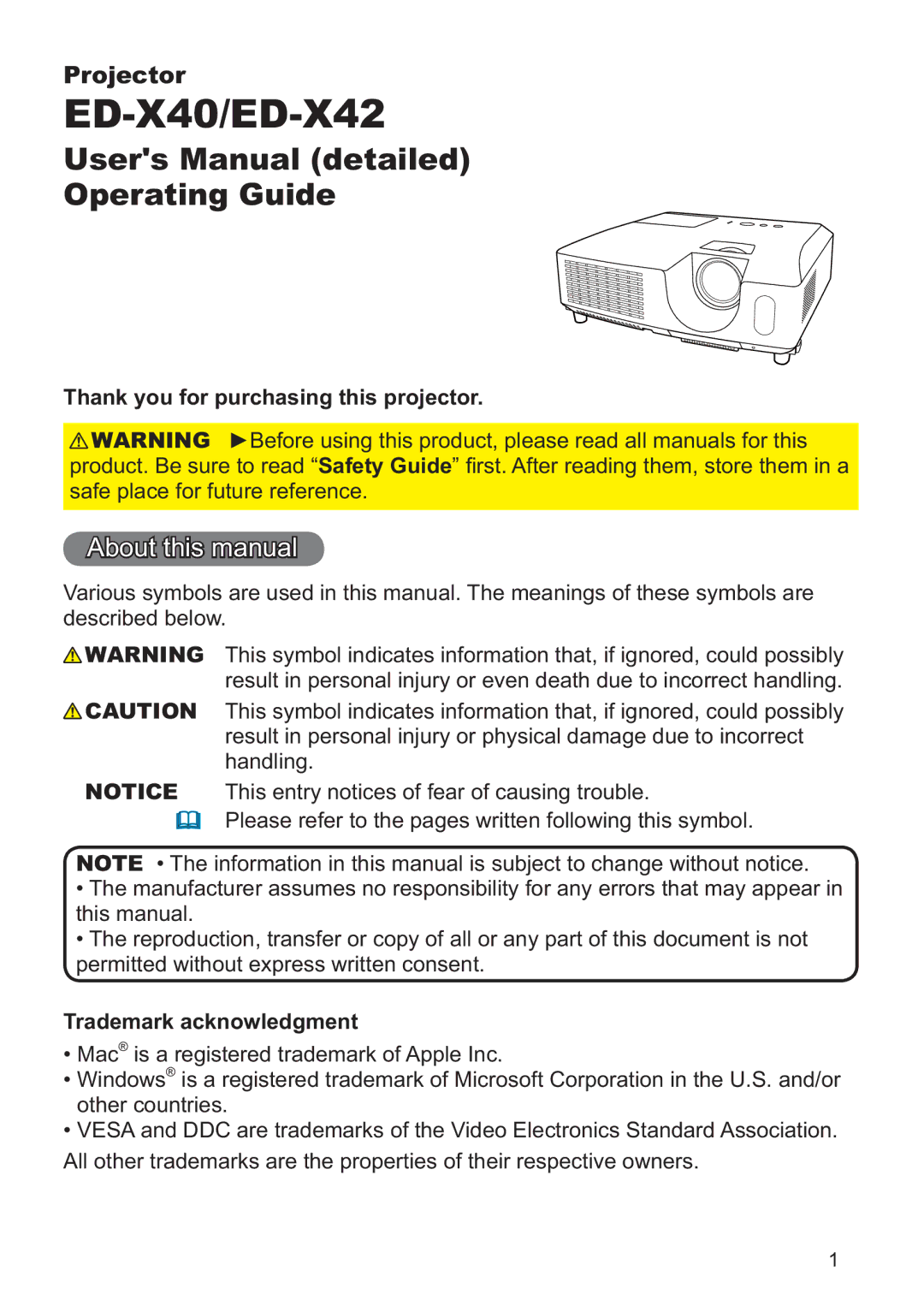 Hitachi ED-X42 user manual Thank you for purchasing this projector, Trademark acknowledgment 