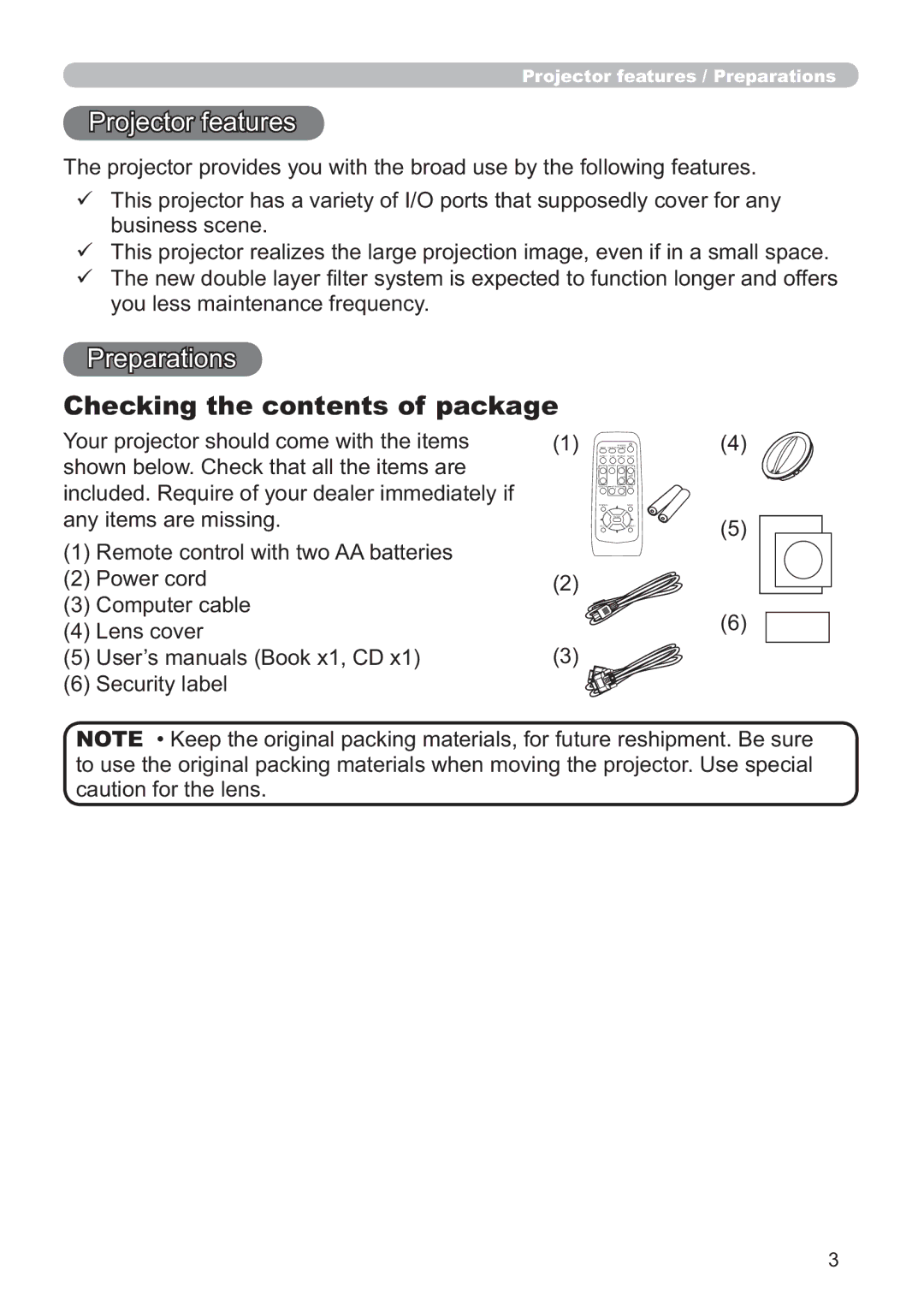 Hitachi ED-X42 user manual Checking the contents of package 