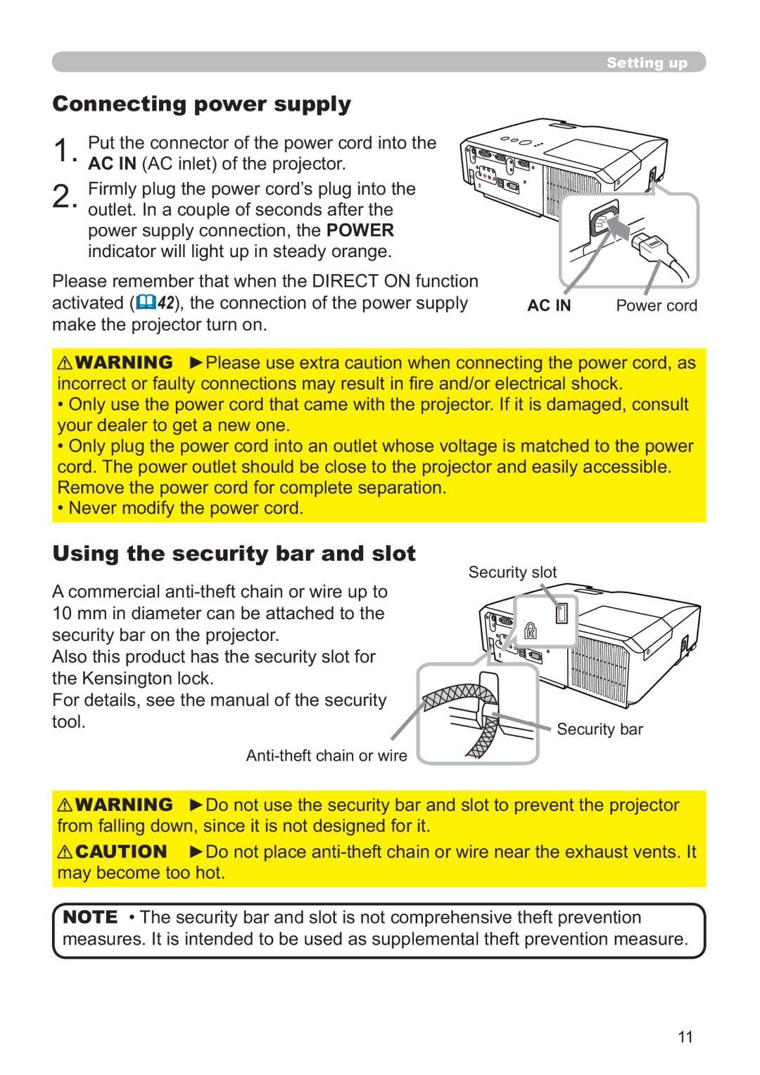 Hitachi ED-X42 user manual Connecting power supply, Using the security bar and slot 