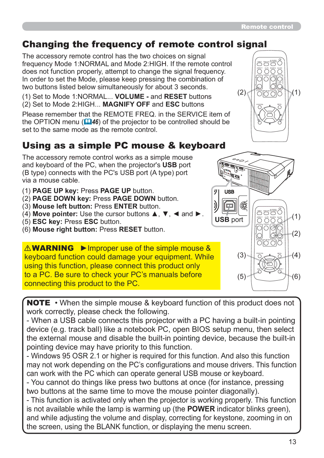 Hitachi ED-X42 user manual Changing the frequency of remote control signal, Using as a simple PC mouse & keyboard 