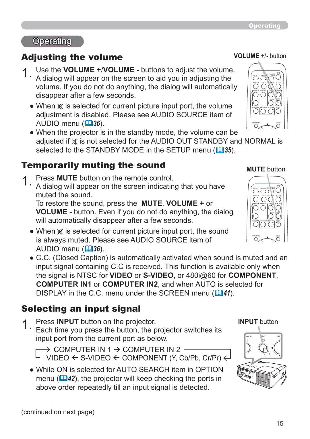 Hitachi ED-X42 user manual Adjusting the volume, Temporarily muting the sound, Selecting an input signal 