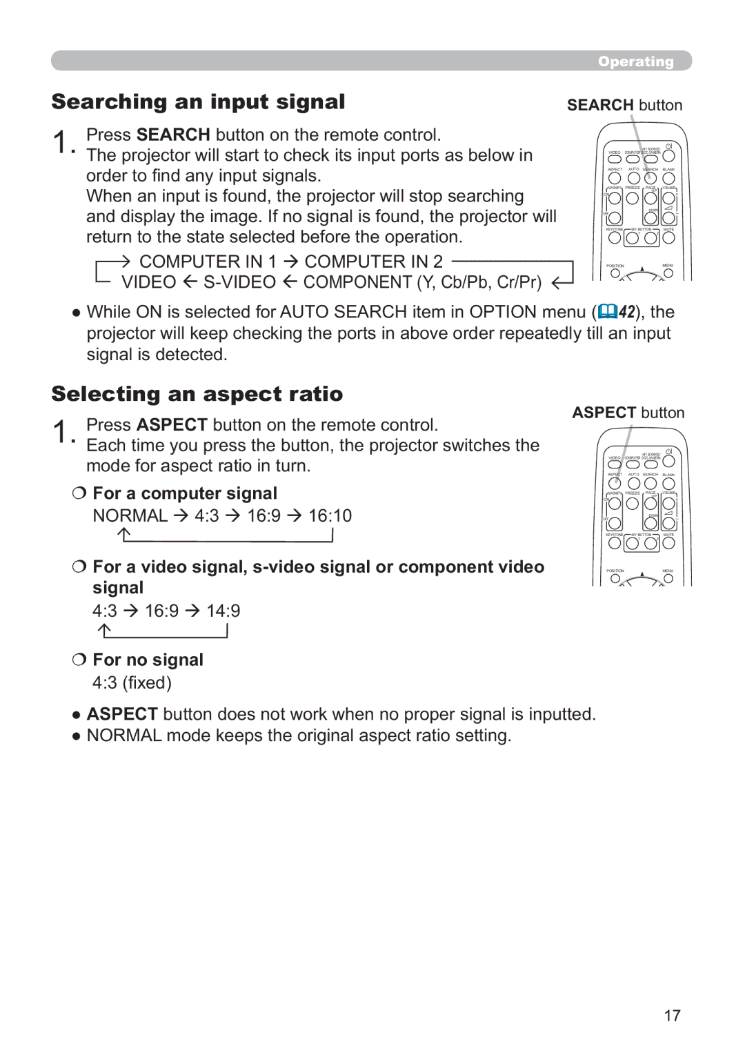 Hitachi ED-X42 Searching an input signal, Selecting an aspect ratio, € For a computer signal, €For no signal ¿HG 