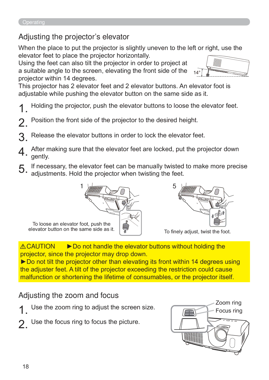 Hitachi ED-X42 user manual Adjusting the projectors elevator, Adjusting the zoom and focus 