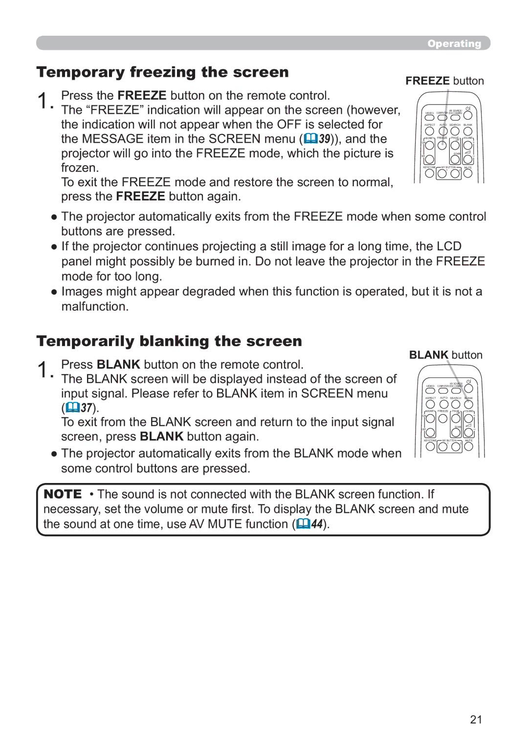 Hitachi ED-X42 user manual Temporary freezing the screen, Temporarily blanking the screen 